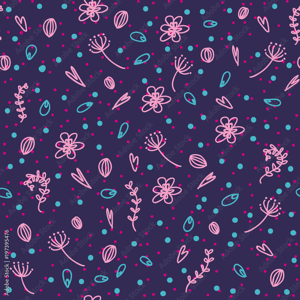 Flowers, seeds, leaves, dots and hearts on a violet background. Seamless vector pattern. 
