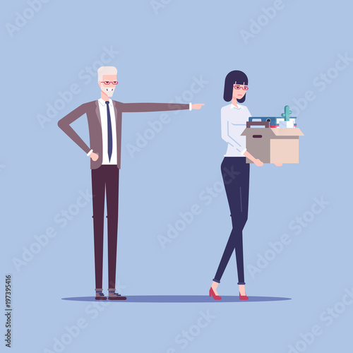 Angry boss firing employee. Dismissed frustrated business woman carrying box with her things vector flat illustration. Business concept unemployment, crisis, jobless and employee job reduction