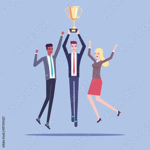 Group of happy business people celebrating a victory and jumping with a golden cup in their hands vector flat illustration. Business concept award for teamwork, successful business team.