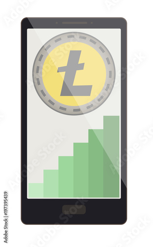 litecoin coin with growth graph on a phone screen