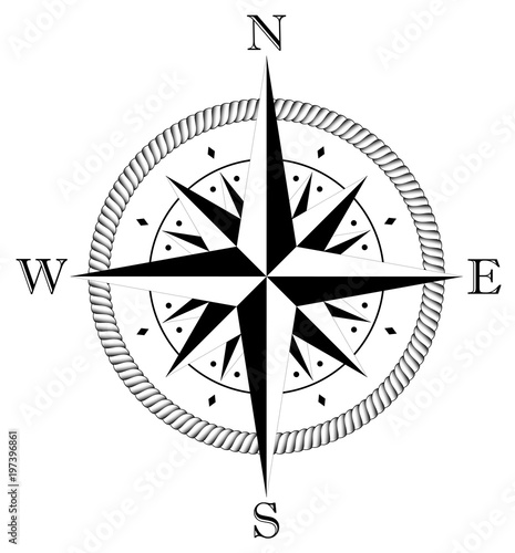 Kompass rose für Marine- oder Seefahrt und geographische Karten mit allen wichtigen Windrichtungen auf einem isolierten weißen Hintergrund als Vektor in eps oder ai.