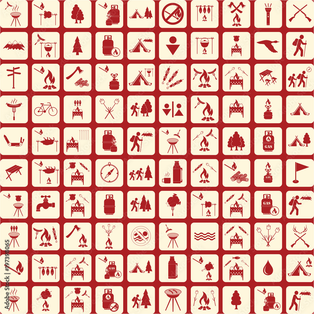 Set of travel and camping equipment icons Set of travel and camping equipment icons