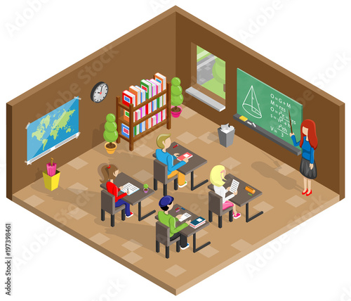 Schule Klassenzimmer isometrisch Design 3D Vektor