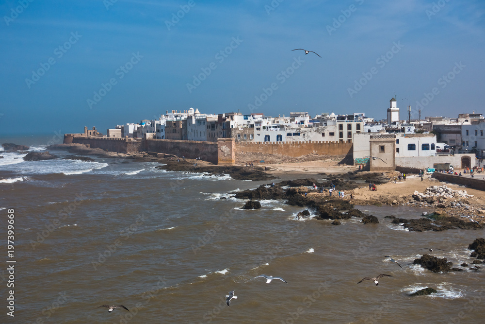 Essaouira aerial panoramic cityscape view of old city at the coast of Atlantic ocean in Morocco, North Africa