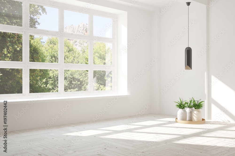 White empty room with summer landscape in window. Scandinavian interior design. 3D illustration White empty room with summer landscape in window. Scandinavian interior design. 3D illustration