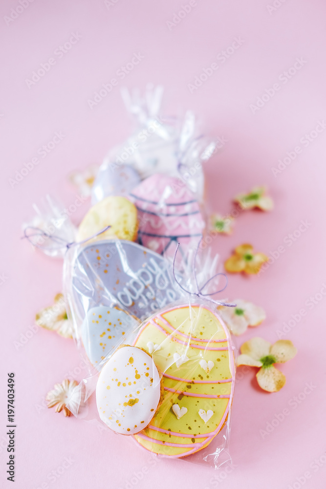 Easter holiday decoration.  Egg shaped cookies with frosting