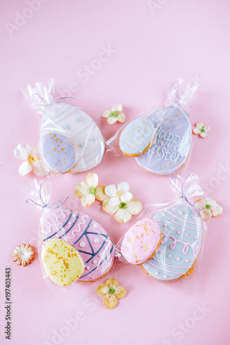 Easter holiday decoration. Egg shaped cookies with frosting