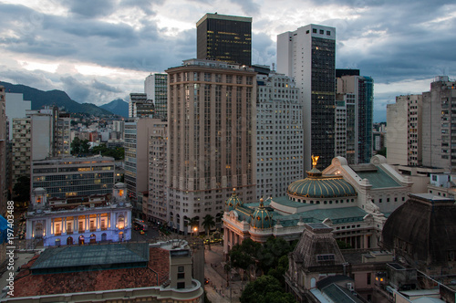 Cityscape of Rio de Janeiro Downtown in the Evening and Mountains in the Horizon