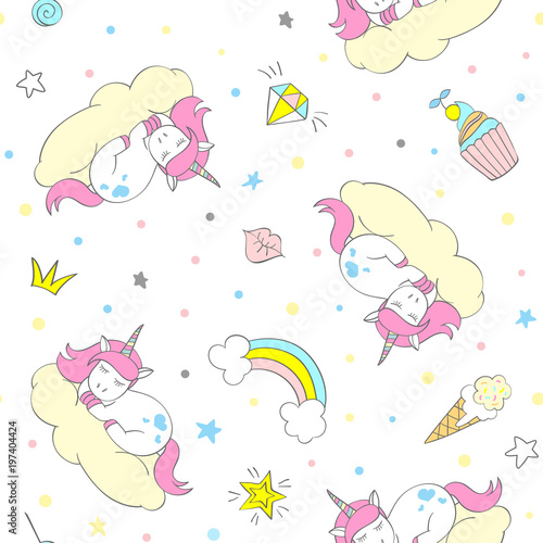 Seamless vector unicorn pattern for kids textile  prints  wallpapper  sccrapbooking. Doodle cute unicorn with doodle elements repeating background.