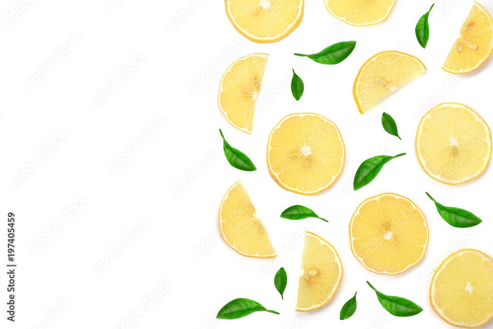 lemon decorated with leaves and slices isolated on white background with copy space for your text. Flat lay, top view lemon decorated with leaves and slices isolated on white background with copy space for your text. Flat lay, top view