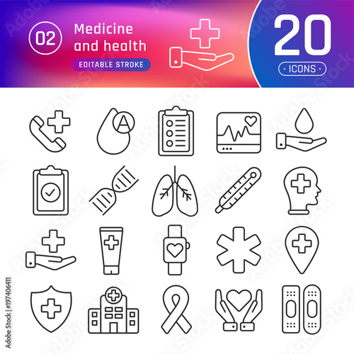 Medicine and health line icons set. Suitable for banner, mobile application, website. Editable stroke