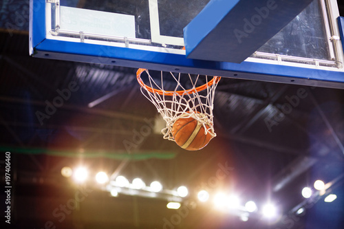 scoring during basketball game - ball going through hoop