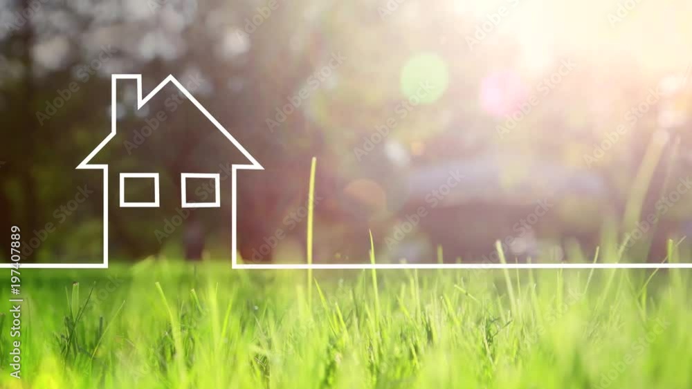 Conceptual eco green house drawing lines animation. Healthy living background with blurred sunny meadow. 