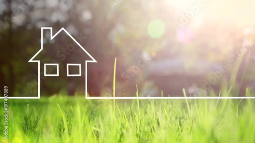 Conceptual eco green house drawing lines animation. Healthy living background with blurred sunny meadow. 