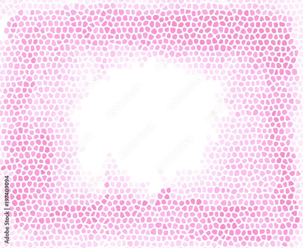 Pink mosaic pebbles like vector background with an empty space at the middle of image. Geometric layout for printing magazine cover, advertise presentation, flyer. Pink mosaic pebbles like vector background with an empty space at the middle of image. Geometric layout for printing magazine cover, advertise presentation, flyer.