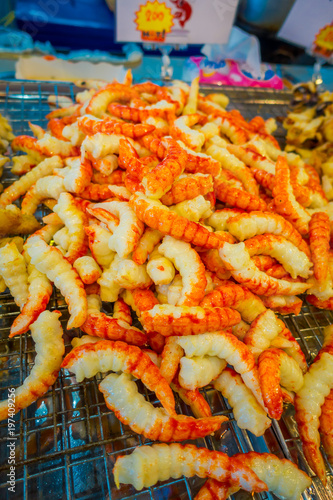 Close up of grill shrimp balls at market in Bangkok,Thailand photo