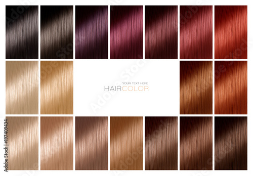 Color chart for hair dye. Tints. Hair color palette with a range of swatches.