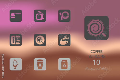 Coffee. Set of flat icons on blurred background