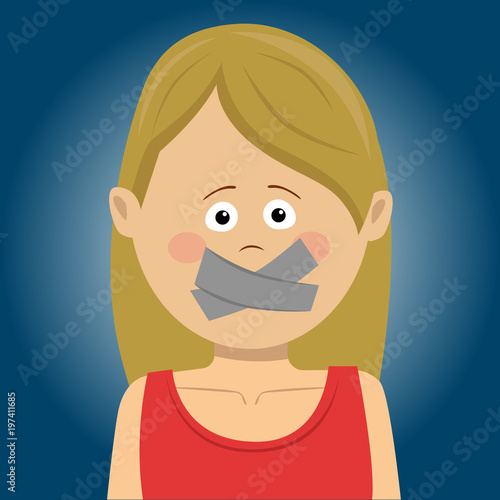 Scared young woman with tape over her mouth