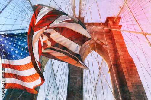 United States Flag at top of Brooklyn Bridge. There is a deep blue sky on background, on foreground there are all the wires of the bridge. Patriotism concept.