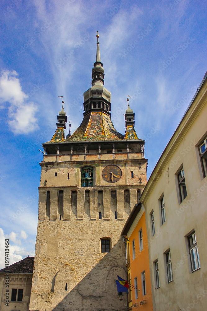 The famous Sighisoara Clock Tower, Sighisoara, Mures County, Romania