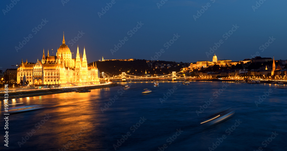 Late night panorama of Danube river with Parliament building, Budapest
