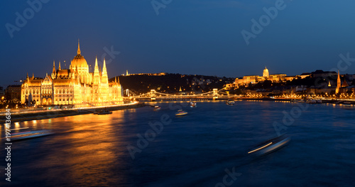 Late night panorama of Danube river with Parliament building, Budapest