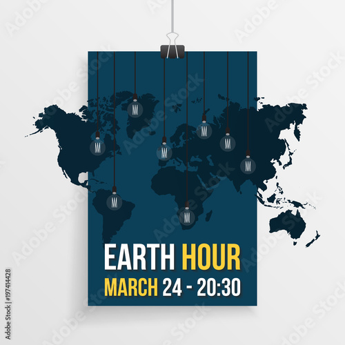 Earth hour illustration with world map and hanging lamps and custom text. Vector illustration for the earth hour international event in march with dark blue color and paper clip.
