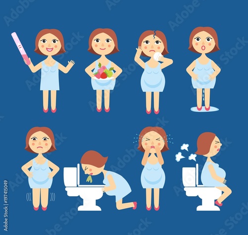 Vector illustration signs of pregnancy symptoms - toxemia of pregnancy, swelling, emotional instability, stomach problems. mom and baby.