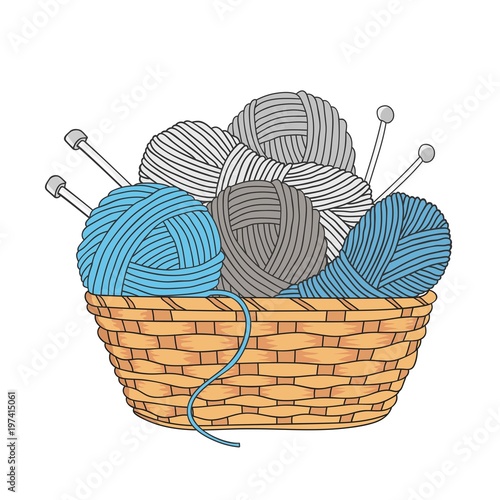 balls of yarn and knitting needles in basket isolated on white background