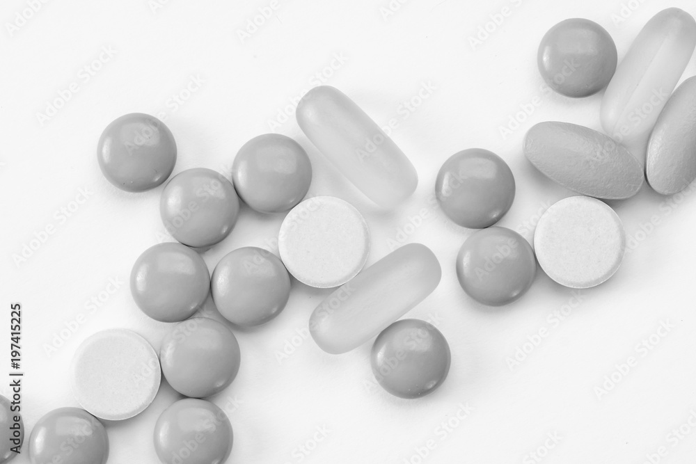 white pills and tablets capsule isolated on white background