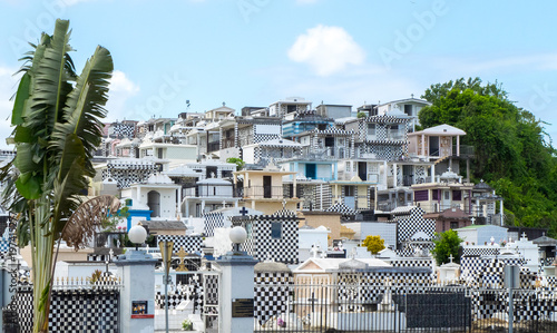 Cemetery of Morne-a-l'eau, Guadeloupe, with typical black and white graves all over the hill