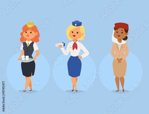 Pilots and stewardess vector illustration airline character plane personnel staff air hostess flight attendants people command.