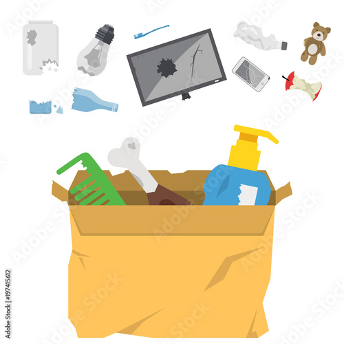Recycling garbage vector trash bags tires management ecology industry garbage utilize concept waste sorting illustration.