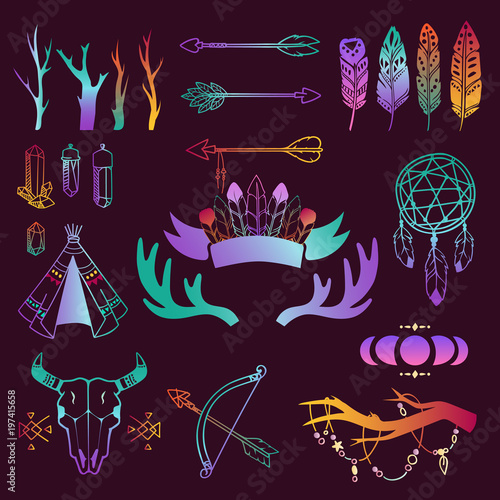 Hand drawn boho vector design elements set. Wild style labels with vintage arrows, feathers decoration, divider, frame boho symbols border design vintage decoration ornament ethnic boho symbols