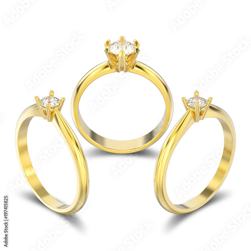 3D illustration three isolated yellow gold traditional solitaire engagement diamond rings with shadow