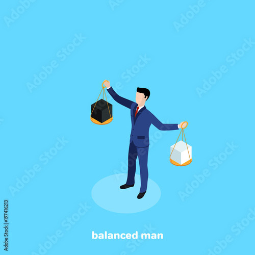 a man in a business suit holding a bowl from the scales, an isometric image