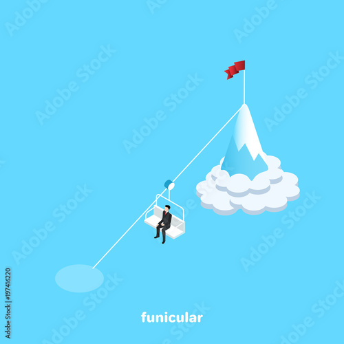 a man in a business suit is rising on a funicular to the top of the mountain, an isometric image