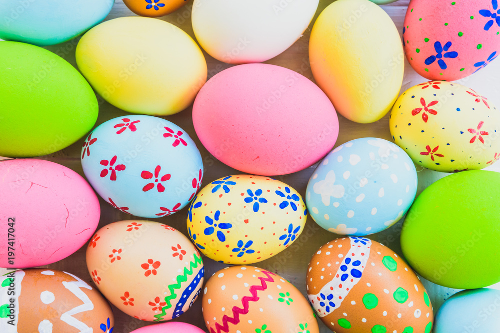 Happy easter!  Closeup Colorful Easter eggs background. Happy family preparing for Easter.