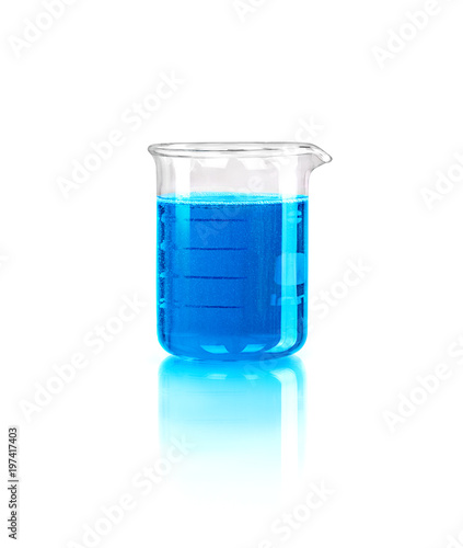 blue liquid in laboratory glassware isolated on white background