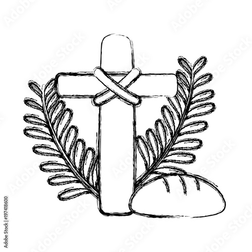 grunge cross catholic religion with palms and bread