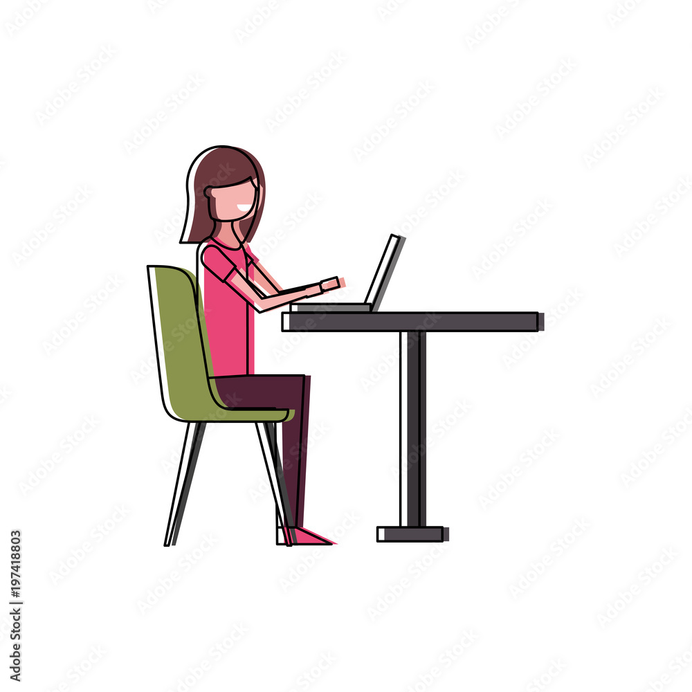 cute woman sitting in the chair typing laptop on table vector illustration