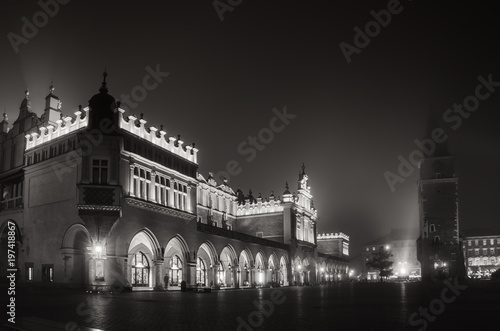 Market hall and town vity hall at main Cracow square at misty night - black and white haloween version
