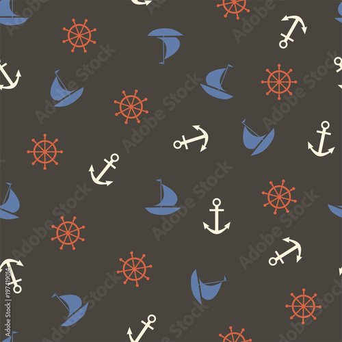 Marine seamless pattern with a ship, an anchor and a steering wheel. Vector.