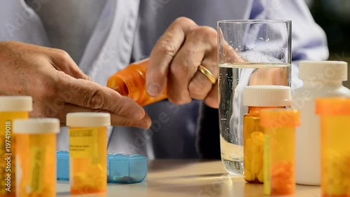 close-up of man with multiple pill bottles taking medication