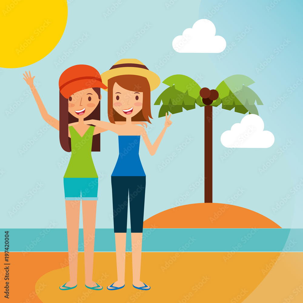 two girl traveling in the beach vacation vector illustration