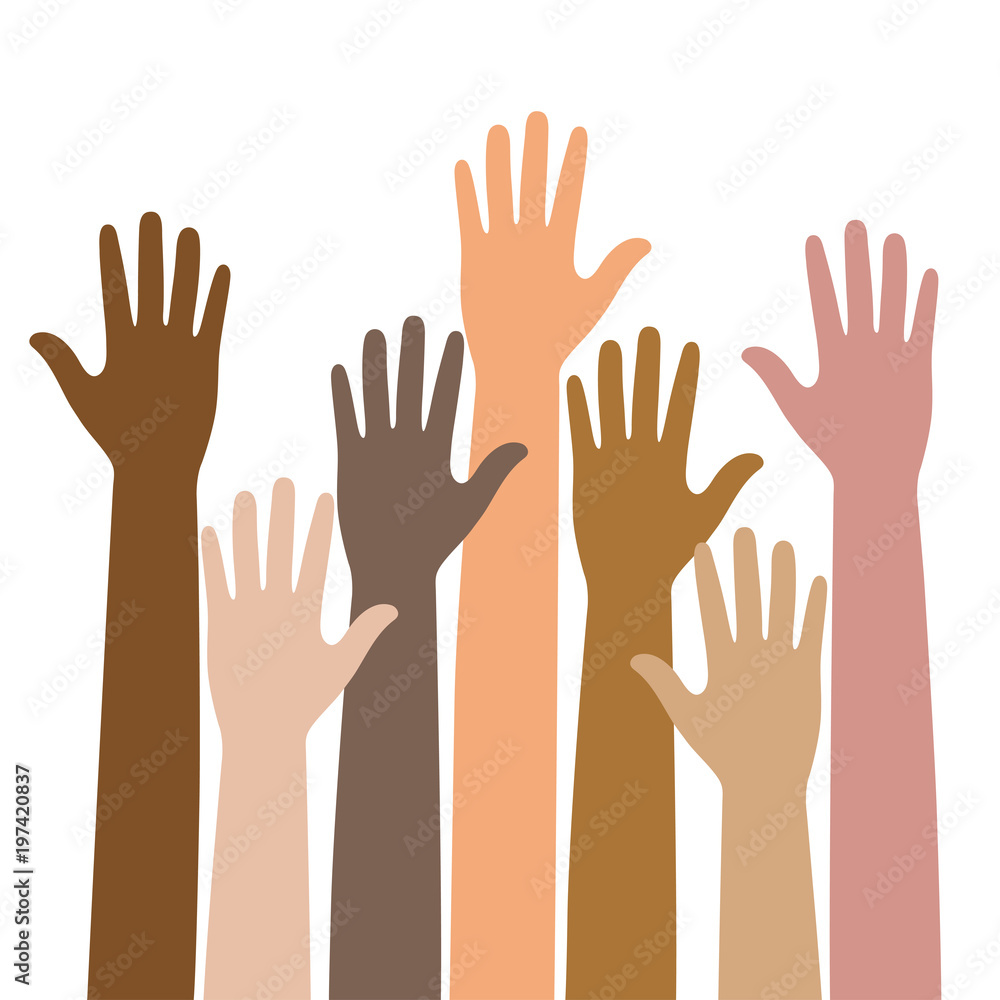 Colorful raised hands. The concept of diversity. Group of hands on a white background Colorful raised hands. The concept of diversity. Group of hands on a white background