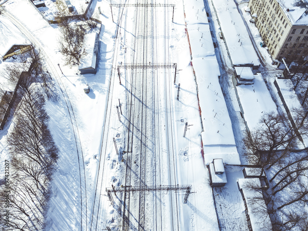 aerial winter view of the railways in the city