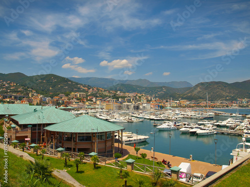 Panoramic view of the Varazze Marina with sailing vessels and yachts, Ligury, Italy