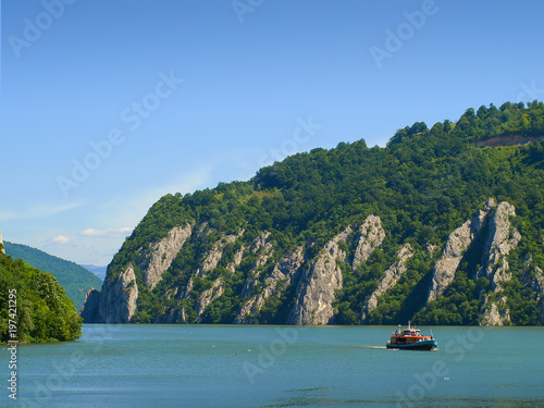 Panoramic view over the Danube river Canyon at Dubova, Mehedinti County, Romania photo